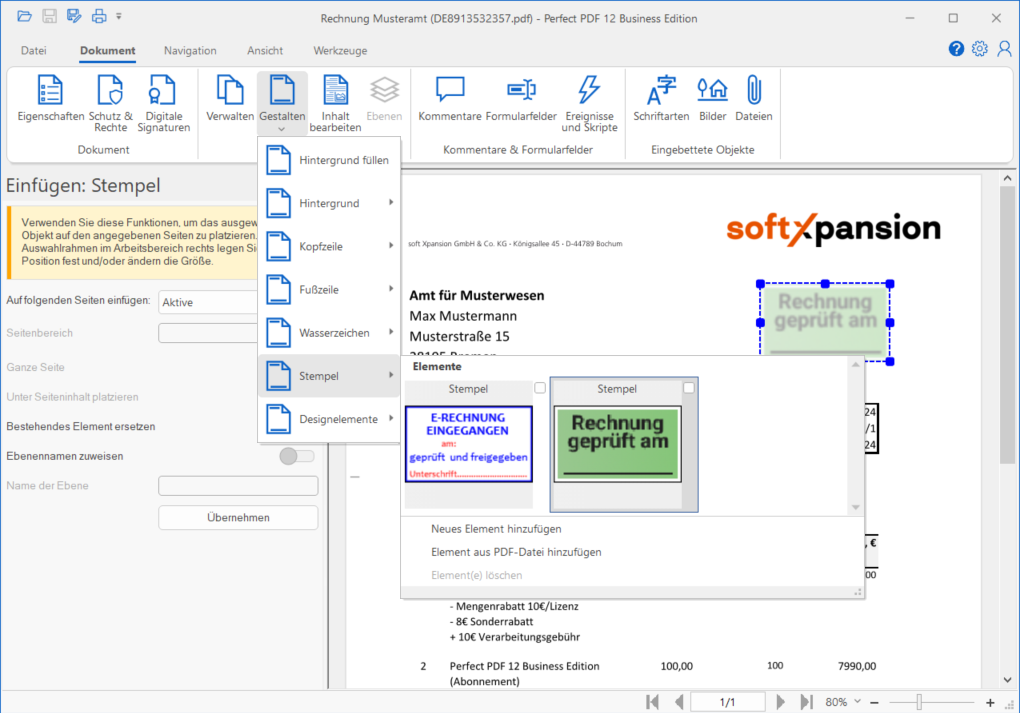 ZUGFeRD-Datei mit Stempel