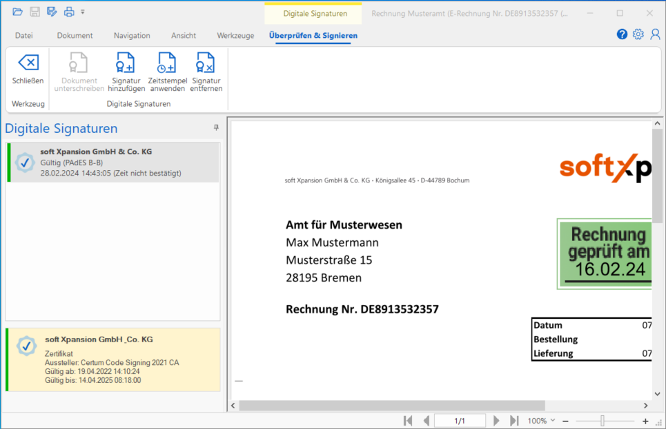 Signatur in ZUGFeRD-Rechnung