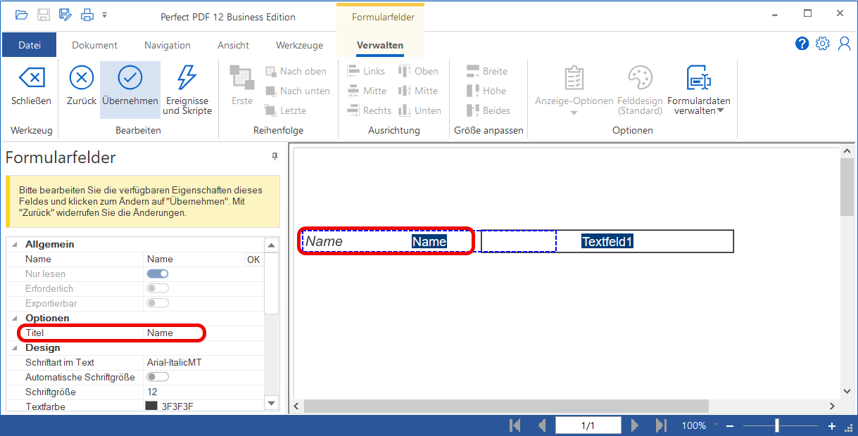 Formular Feldbezeichnung